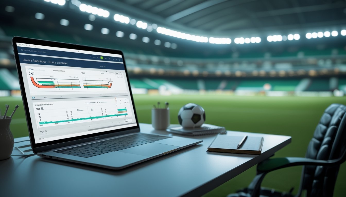 Meja analisis dengan laptop berisi grafik pertandingan sepak bola dan latar stadion yang buram.