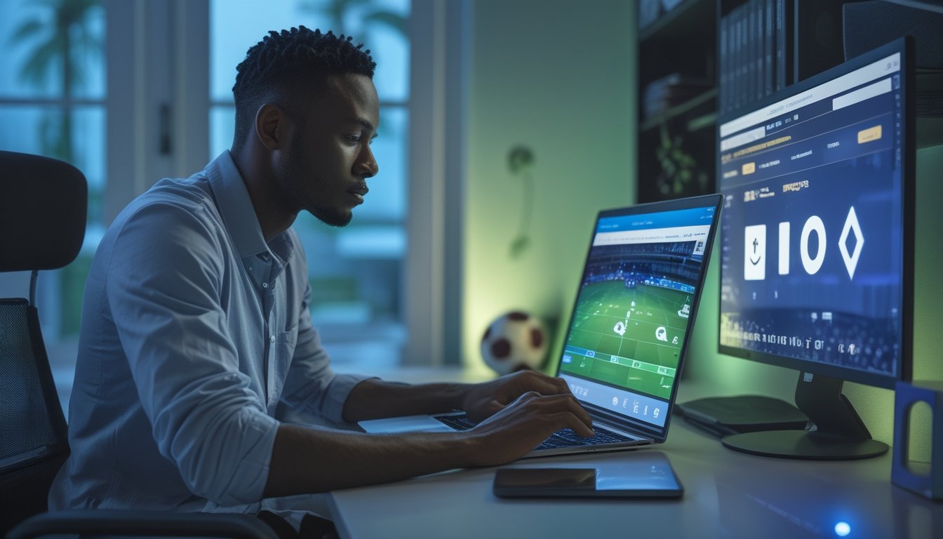 Orang dewasa menggunakan laptop untuk melihat informasi pertandingan sepak bola di ruang kerja modern dengan simbol keamanan digital.