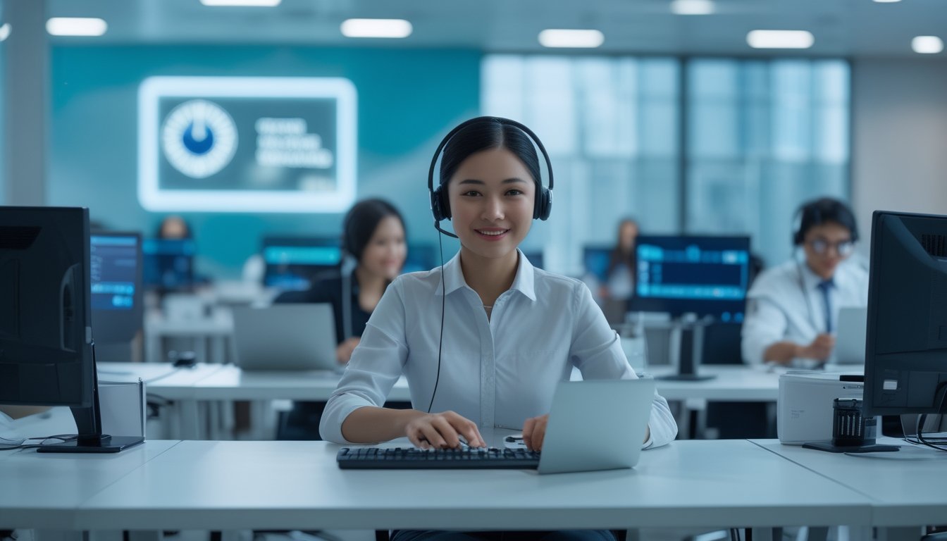 Tim layanan pelanggan bekerja membantu pengguna melalui headset di pusat operasional modern.