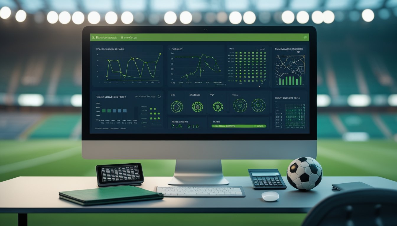 Analis olahraga menganalisis statistik pertandingan sepak bola di depan layar komputer.