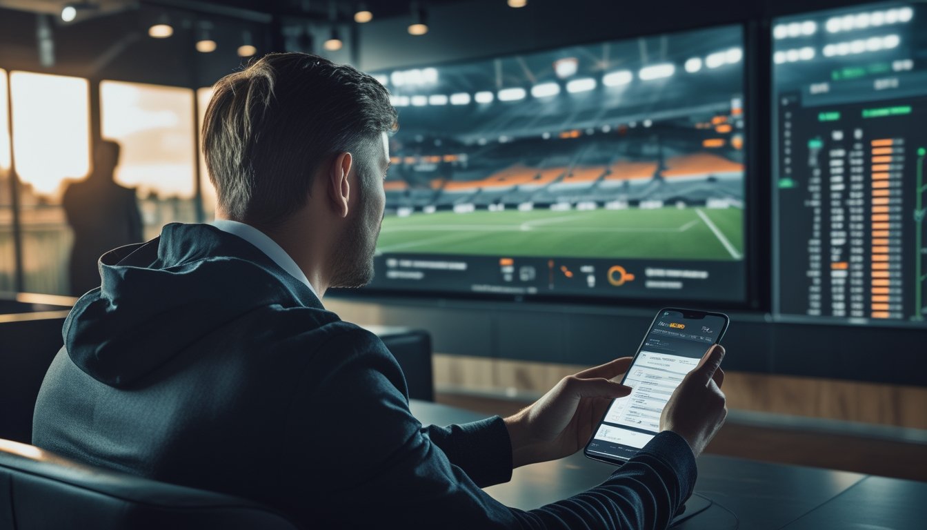 Penggemar sepak bola menyaksikan pertandingan sambil melihat statistik pertandingan di ponsel dalam lounge olahraga modern.