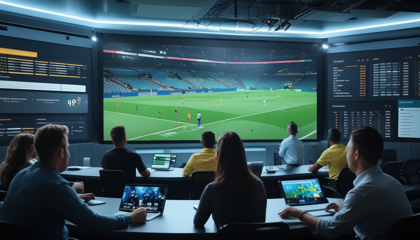 Penggemar sepak bola dan analis memantau pertandingan serta data digital pada layar dan perangkat modern.