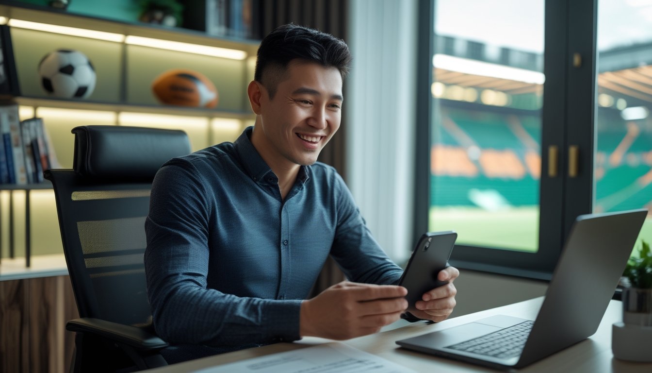 Pria Indonesia tersenyum melihat hasil kemenangan olahraga di laptop dan ponsel dalam ruang kerja modern.