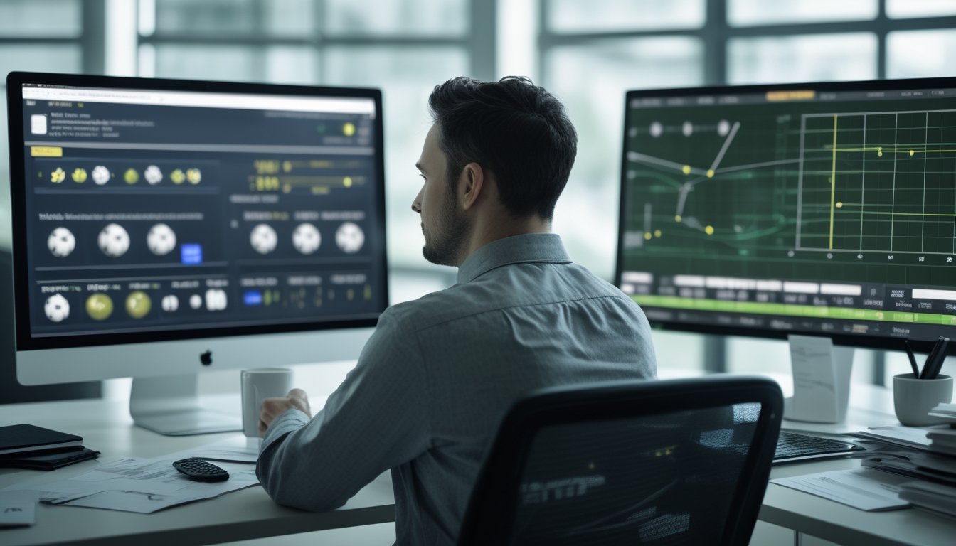Analis sedang meninjau statistik pertandingan sepak bola dan analisis risiko parlay di ruang kerja modern.