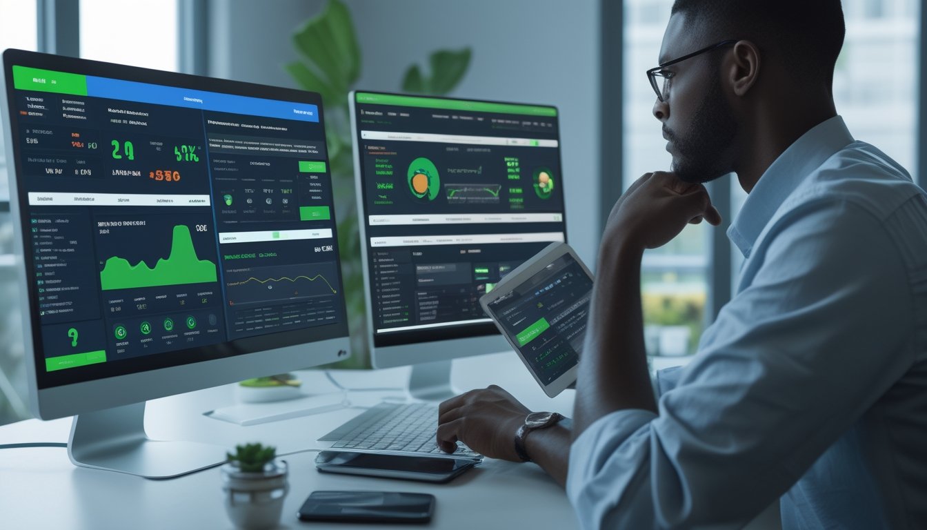 Seorang analis dewasa membandingkan data olahraga dan indikator keamanan pada beberapa perangkat di ruang kerja modern.