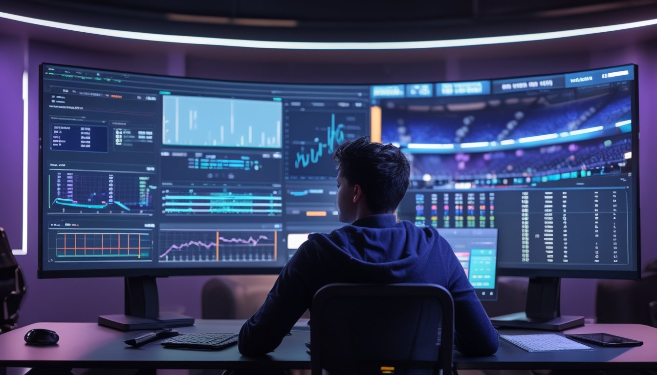 Seorang analis esports mempelajari data pertandingan di ruang kerja modern dengan monitor dan perlengkapan strategi.