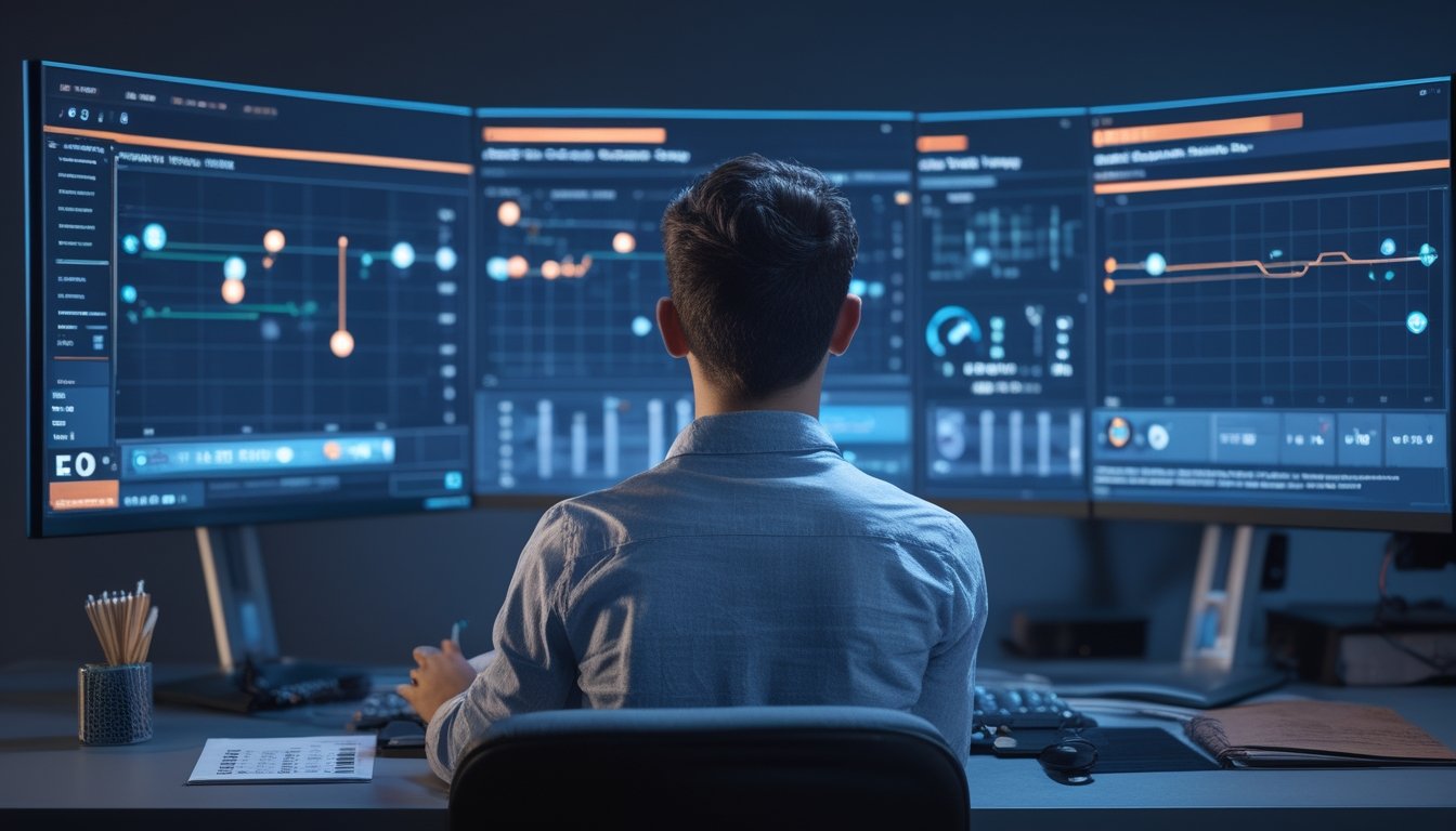 Seorang penggemar esports menganalisis data pertandingan di meja kerja dengan monitor, buku catatan, dan kalkulator.
