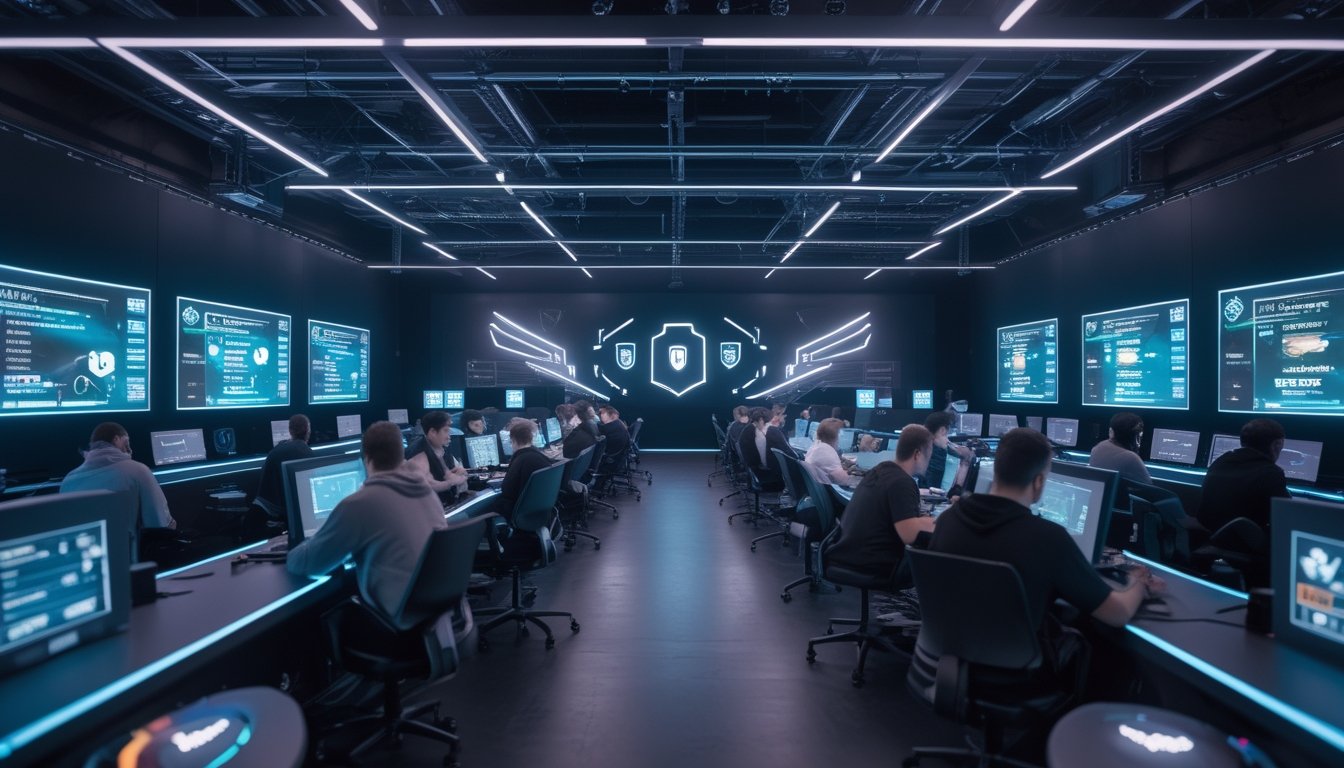 Suasana arena esports modern dengan pemain dewasa di depan komputer dan elemen keamanan digital bercahaya.