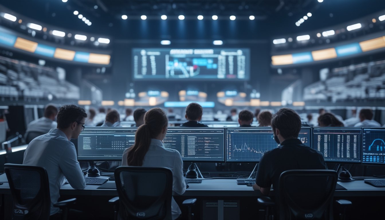 Tim analis esports meninjau data pertandingan dan grafik tren di ruang kerja modern.