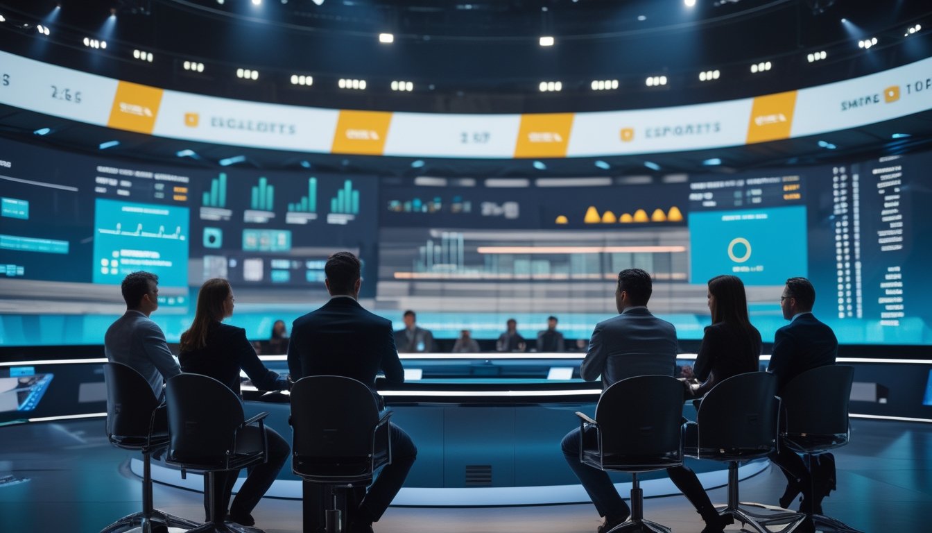 Analis esports dan penonton mengamati visualisasi data abstrak di arena esports modern.
