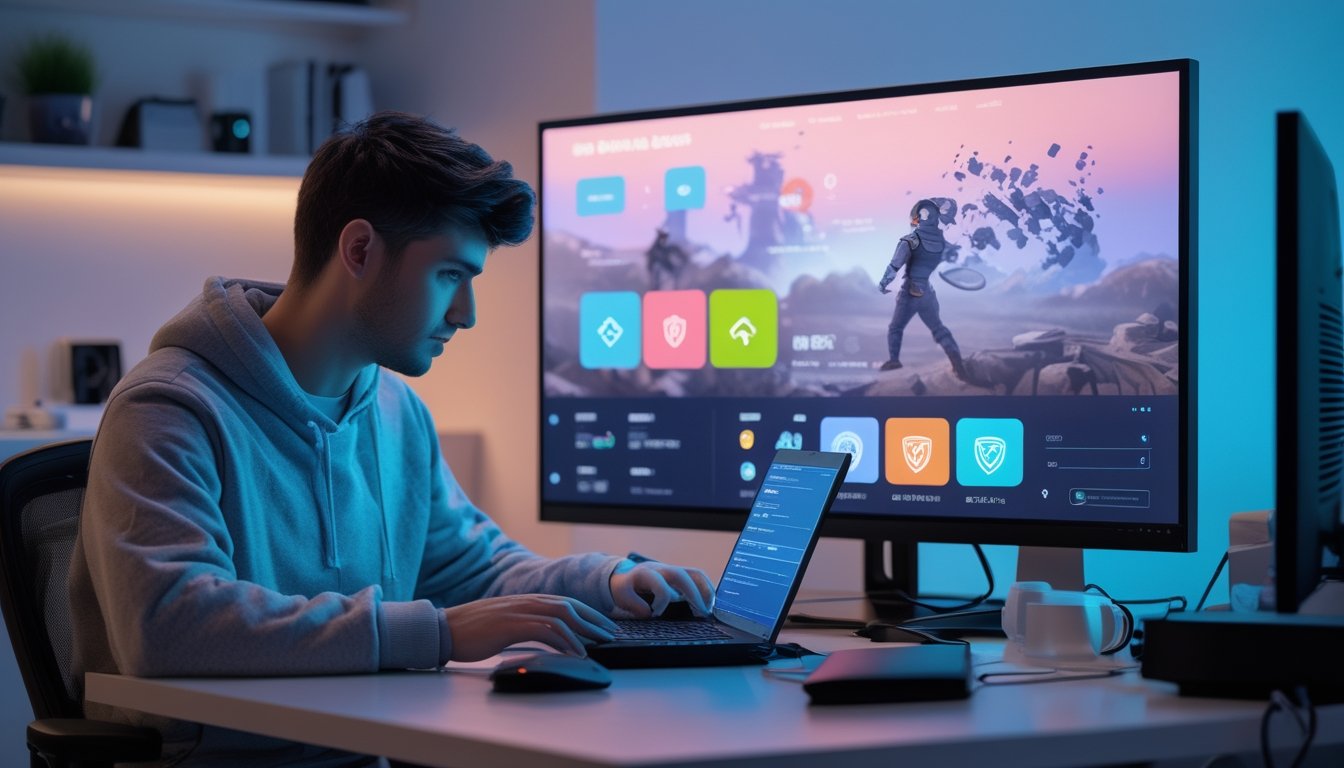 Orang dewasa menggunakan laptop dan ponsel dalam suasana meja kerja bertema esports.