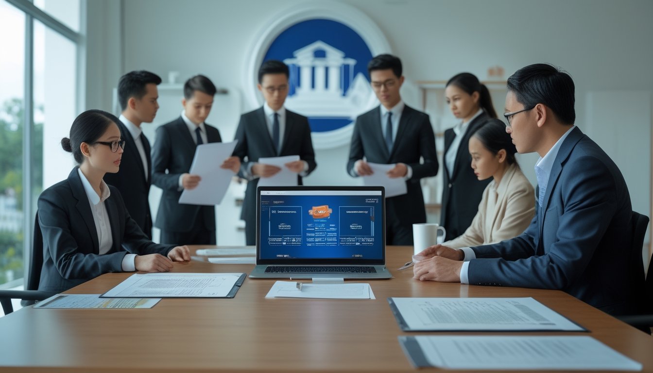 Para profesional Indonesia membahas regulasi platform esports di ruang kantor dengan dokumen hukum dan laptop.