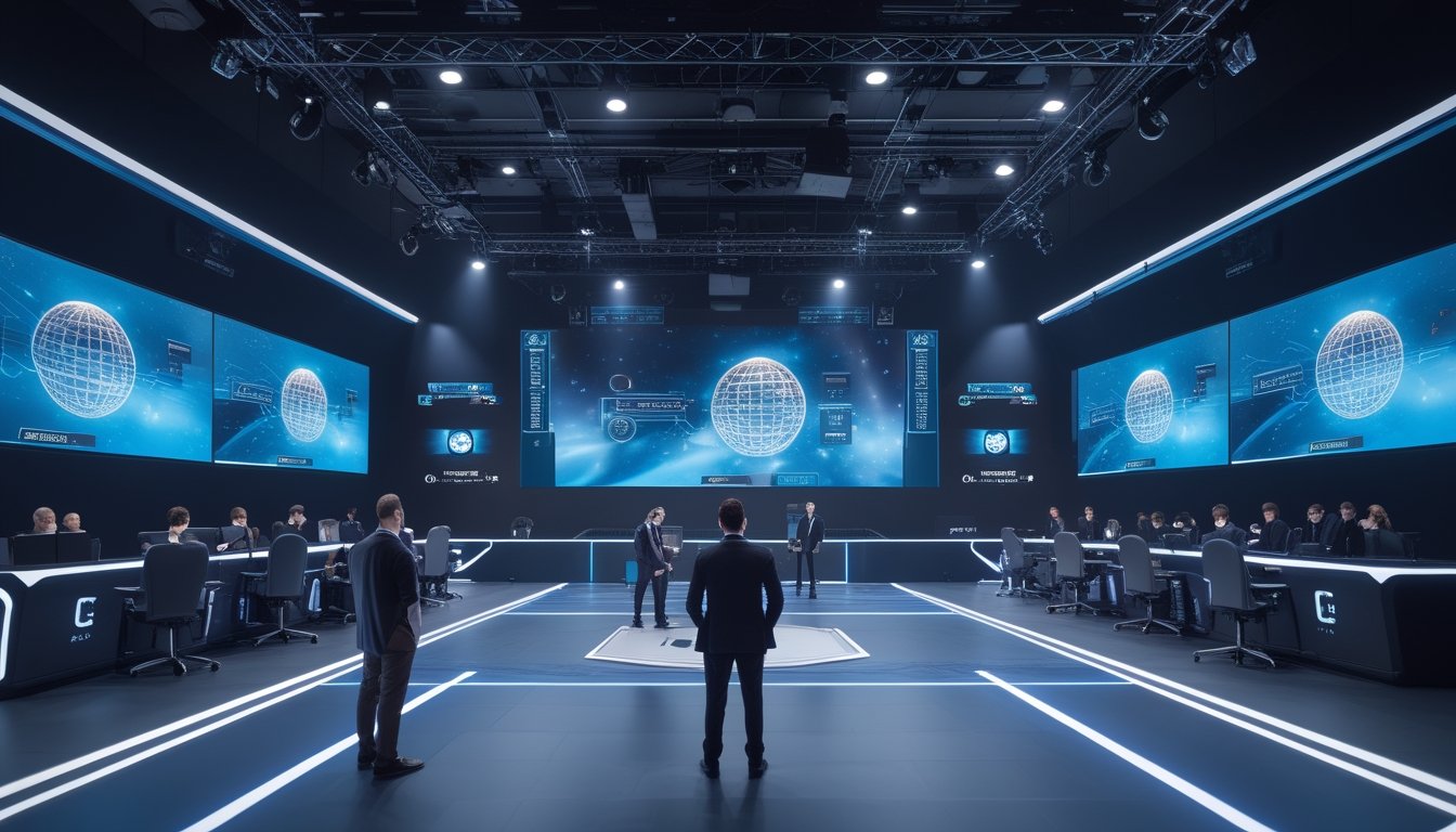 Suasana arena turnamen esports modern dengan pemain dewasa, layar permainan, dan elemen keamanan digital.