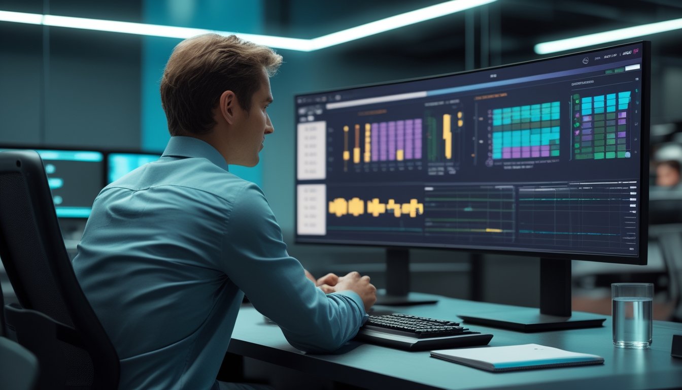 Analis esports mempelajari grafik analitik pertandingan di meja kerja dengan dua monitor.