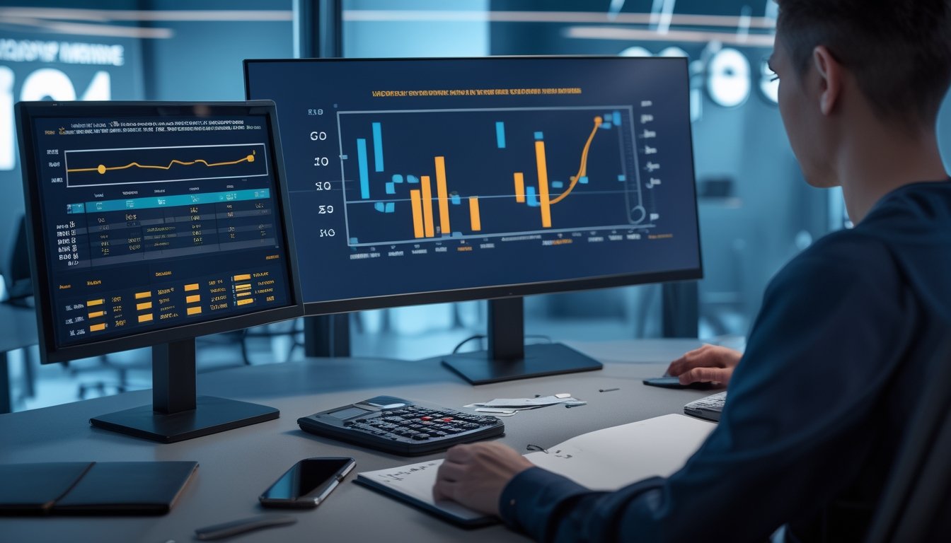 Analis esports mempelajari grafik probabilitas dan perbandingan pertandingan di ruang kerja modern.