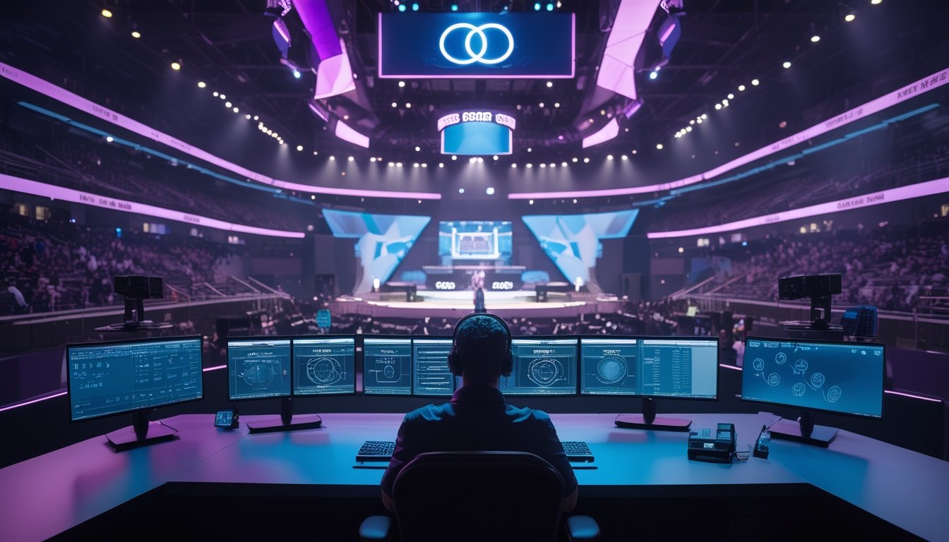 Arena esports modern dengan penonton menyaksikan pertandingan dan layar analisis turnamen.