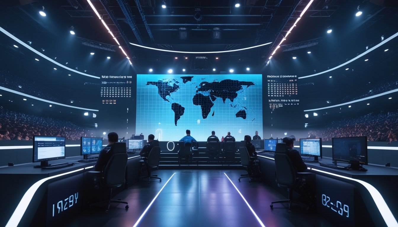 Suasana arena esports modern dengan pemain, penonton, dan hologram abstrak yang menggambarkan jadwal kompetisi global.