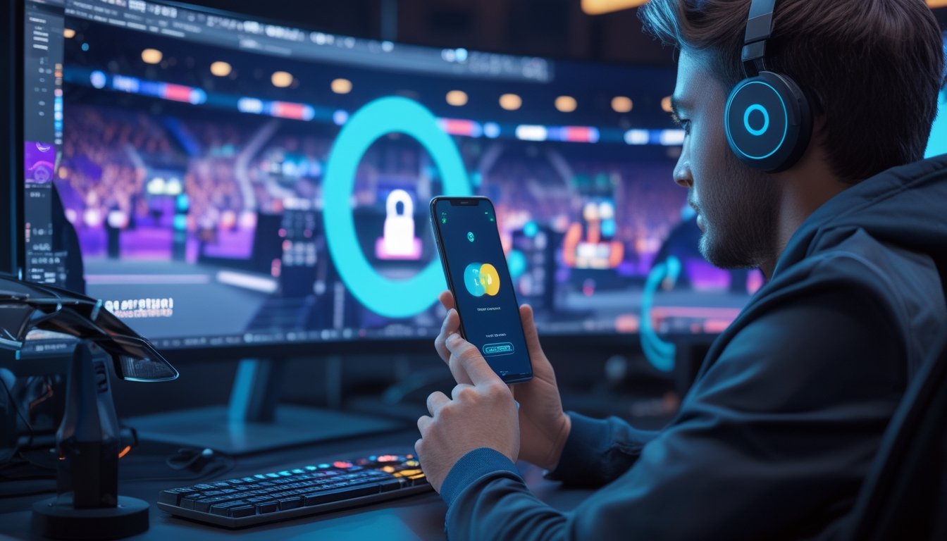 Seorang pemain esports menggunakan dompet digital di ponsel saat menyaksikan pertandingan di monitor.
