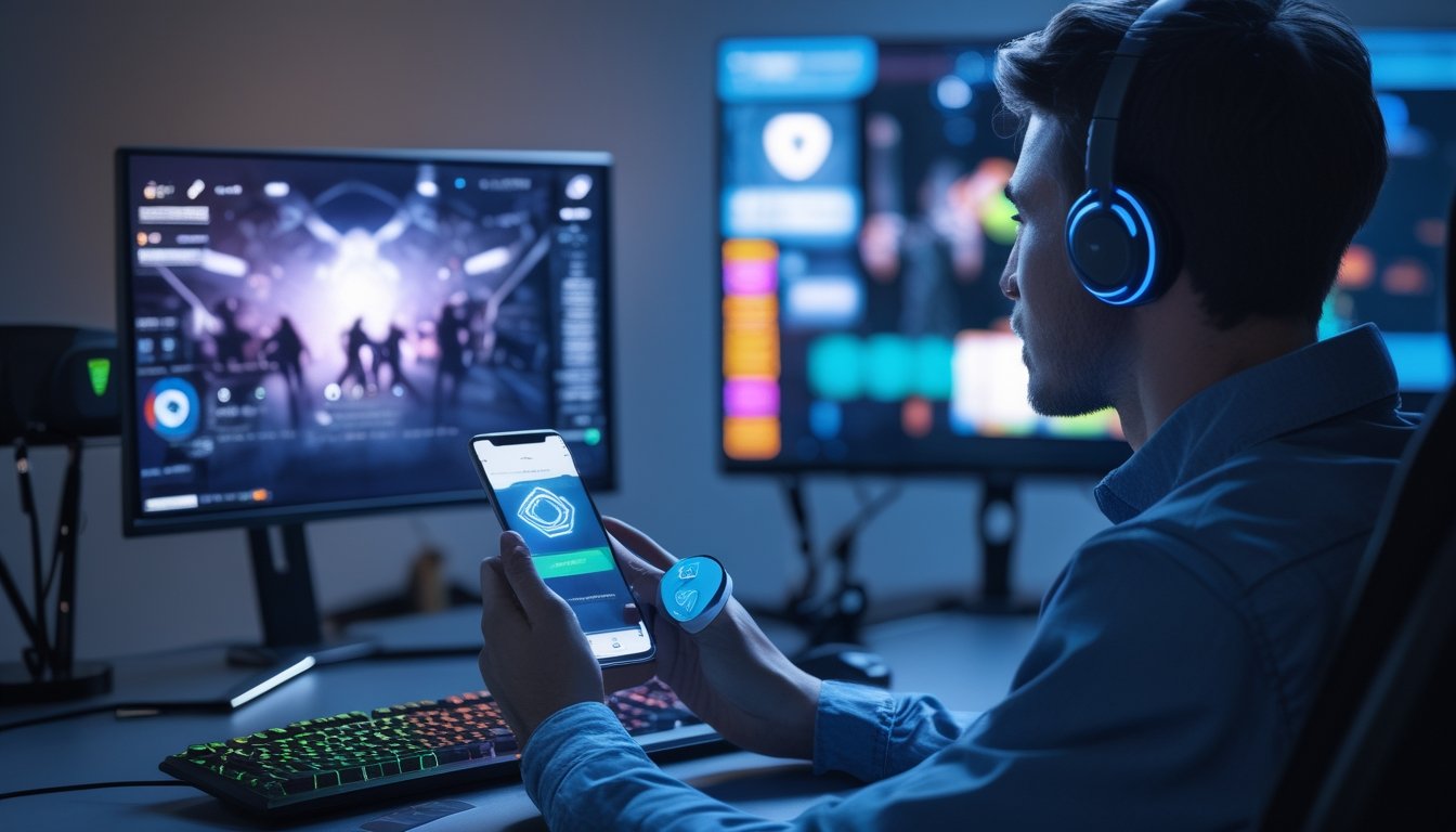 Seorang dewasa menggunakan dompet digital di ponsel saat menonton pertandingan esports di komputer.