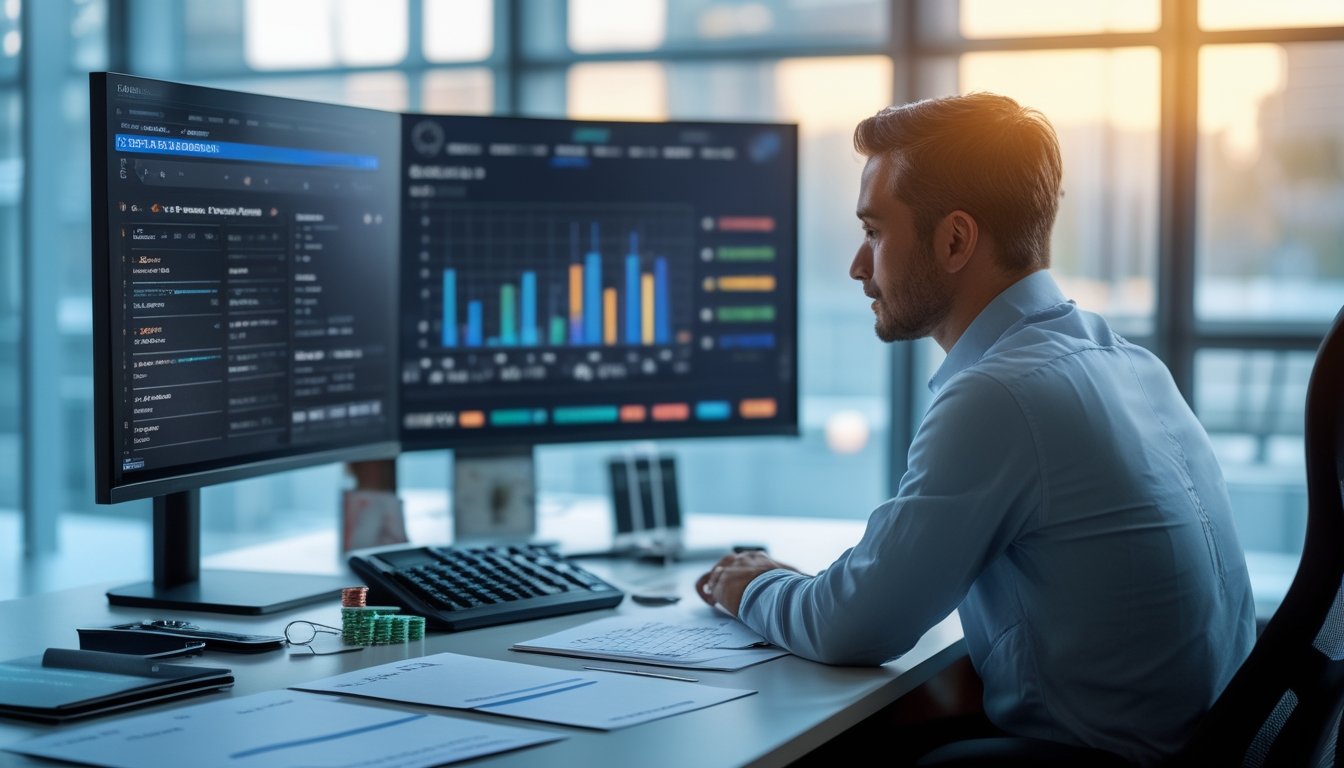 Seorang analis menyusun rencana keuangan di meja kerja dengan monitor yang menampilkan grafik esports.