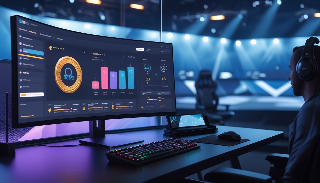 Meja kerja analis esports dengan monitor yang menampilkan perbandingan bonus abstrak dan latar arena esports.