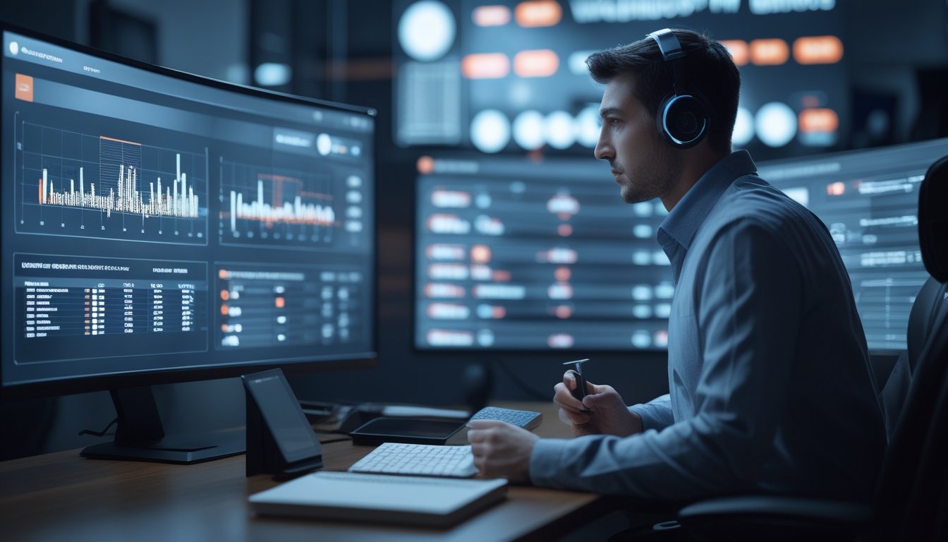 Seorang analis membandingkan bonus dan indikator keamanan platform esports di ruang kerja modern.