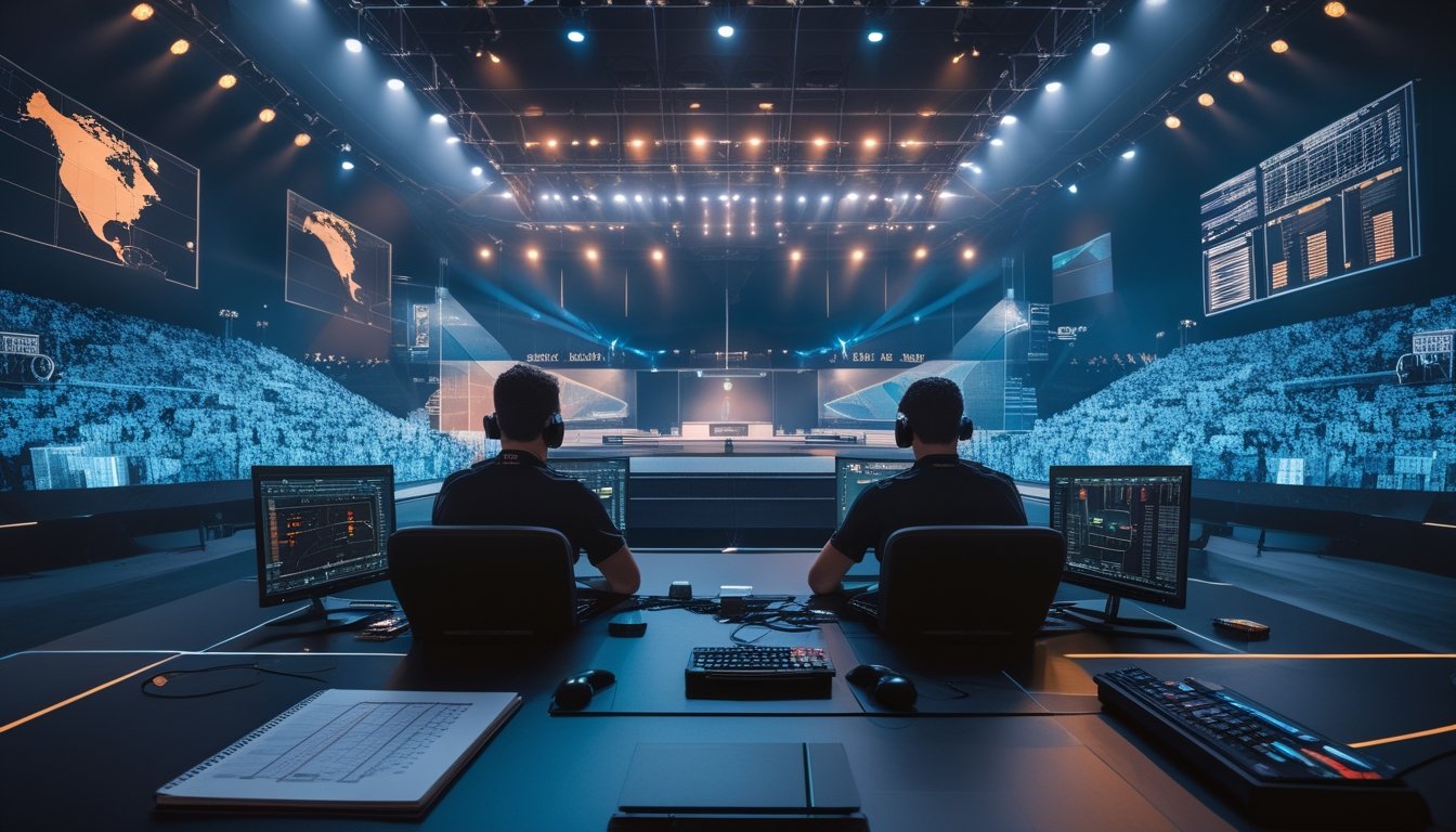 Arena turnamen esports global dengan pemain profesional, penonton internasional, dan visualisasi data analisis.