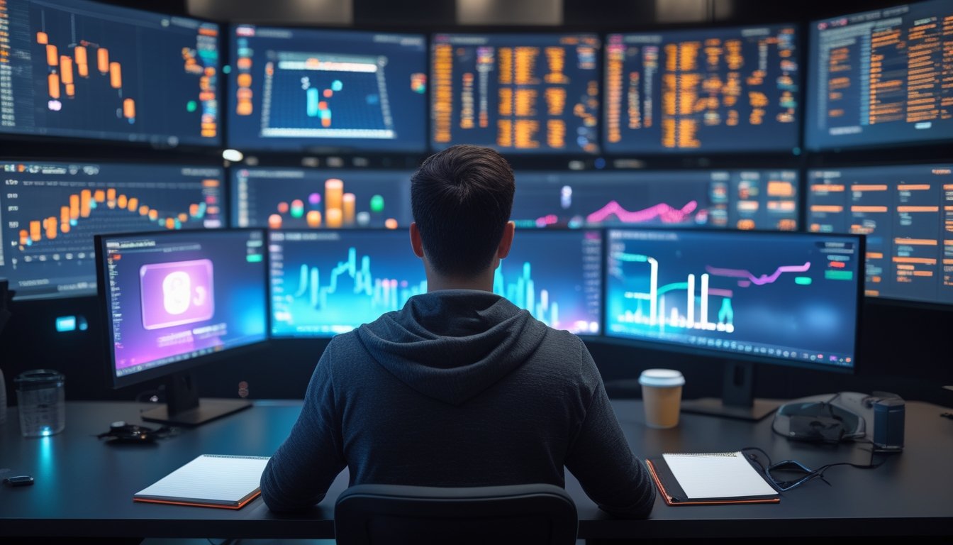 Seorang analis esports memantau data pertandingan langsung di beberapa monitor dalam ruang kerja modern.