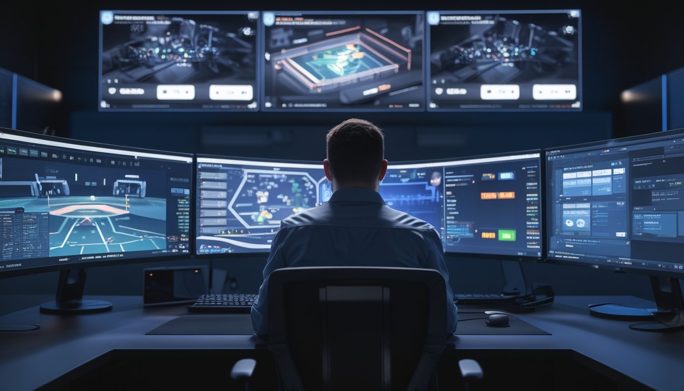Seorang analis esports memantau pertandingan langsung dan data statistik di beberapa monitor.