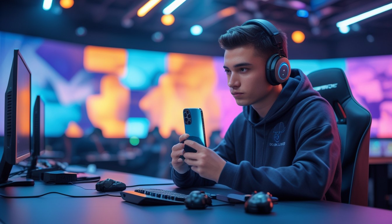 Seorang pemain esports menggunakan ponsel di ruang permainan modern dengan pencahayaan warna-warni.
