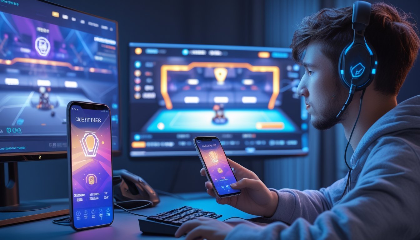 Seorang pemain menggunakan ponsel dalam suasana kompetisi esports dengan perlengkapan gaming modern.
