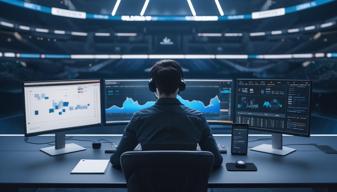Seorang analis esports membandingkan data performa tim pada beberapa monitor di meja kerja modern.