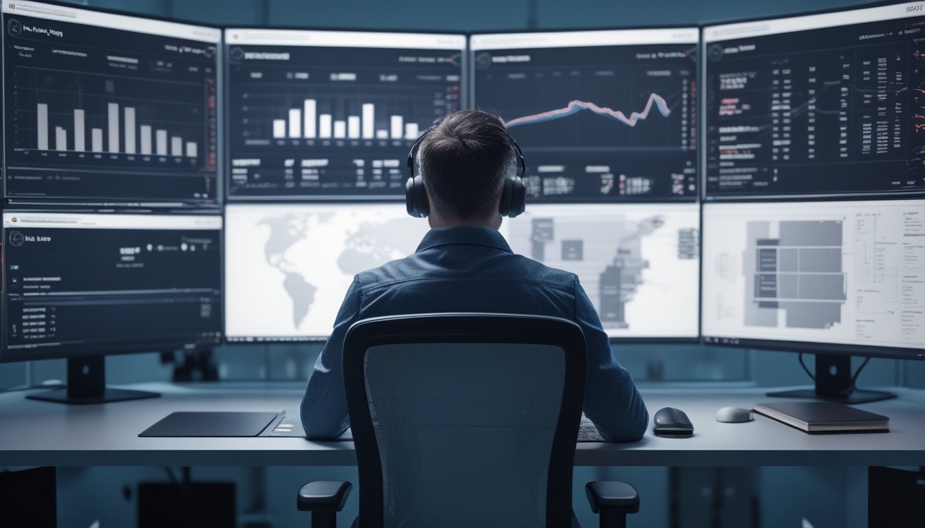Analis esports mempelajari statistik dan grafik performa tim di beberapa monitor.