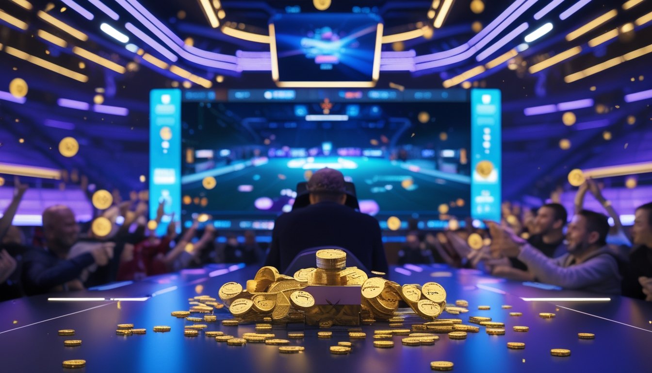 Suasana arena esports modern dengan pemain dan penggemar dewasa, layar pertandingan, koin emas, hadiah, dan konfeti.