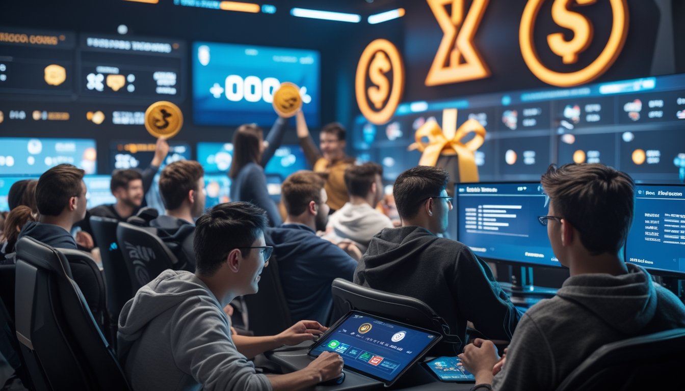 Sekelompok penggemar esports membahas promo dan hadiah cashback di ruang gaming modern.