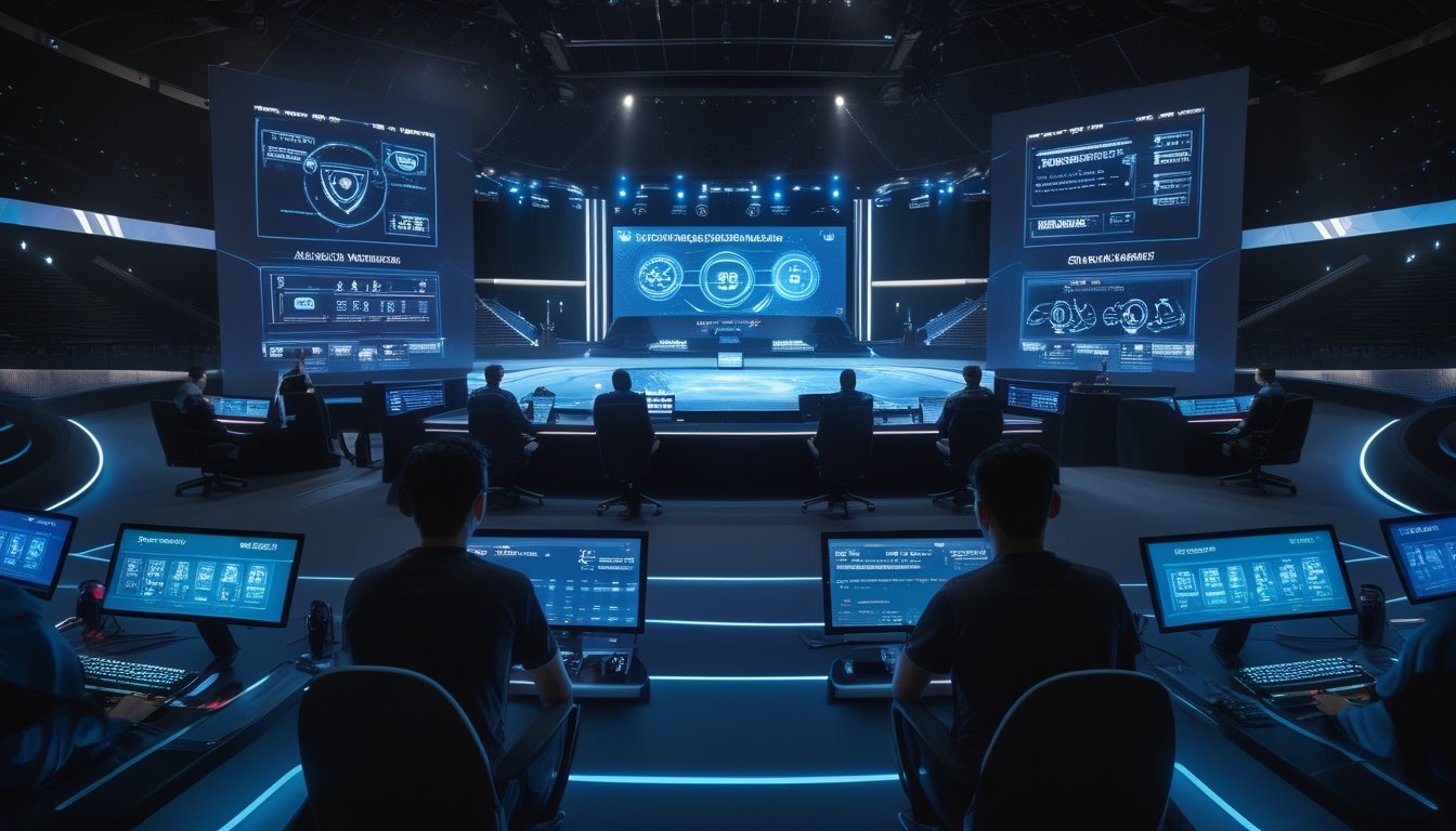 Arena esports futuristik dengan pemain bertanding, penonton, dan tampilan data digital bercahaya.