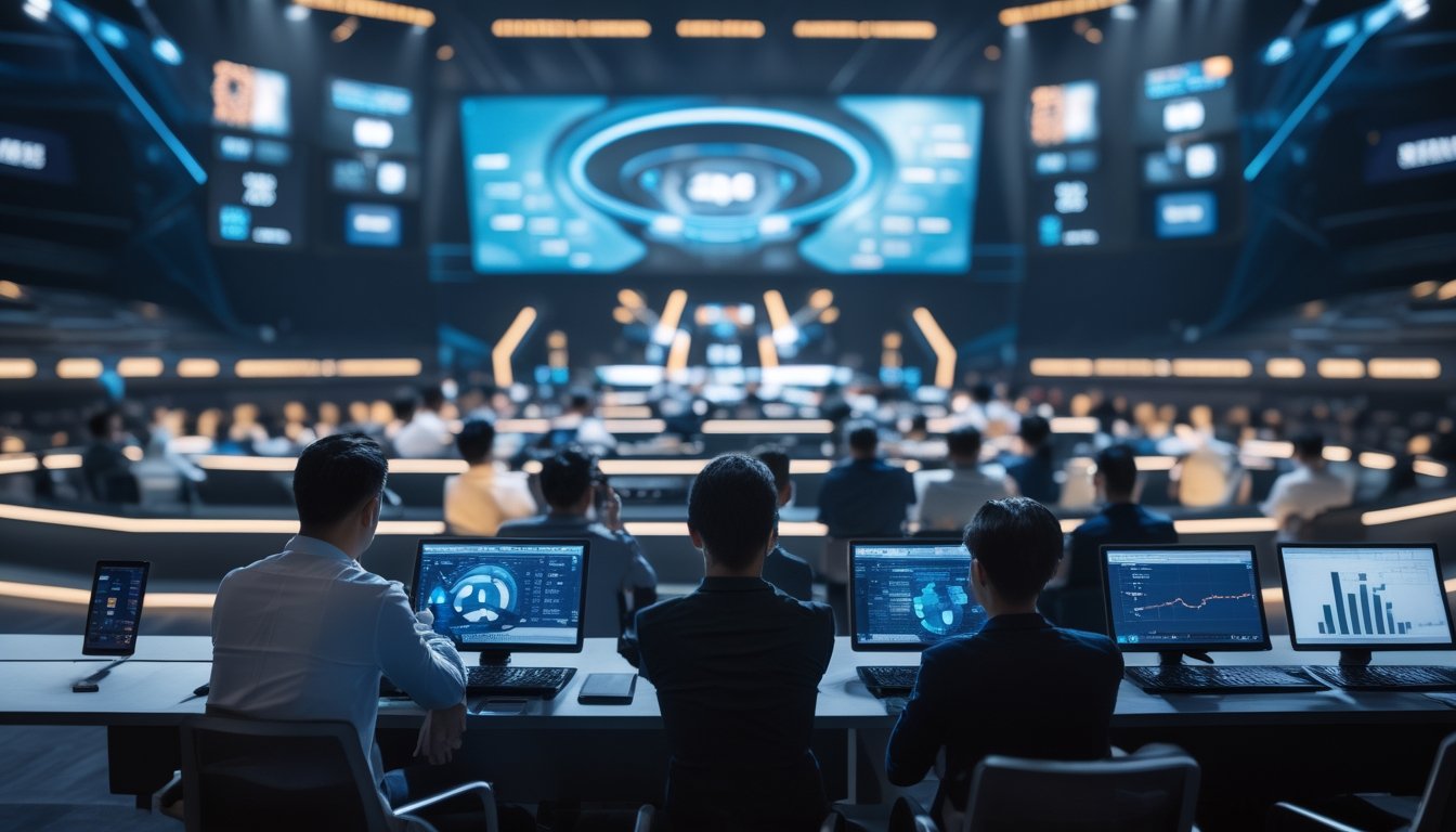 Suasana arena esports modern dengan penonton dewasa dan analis yang mengamati pertandingan serta data digital melalui laptop.