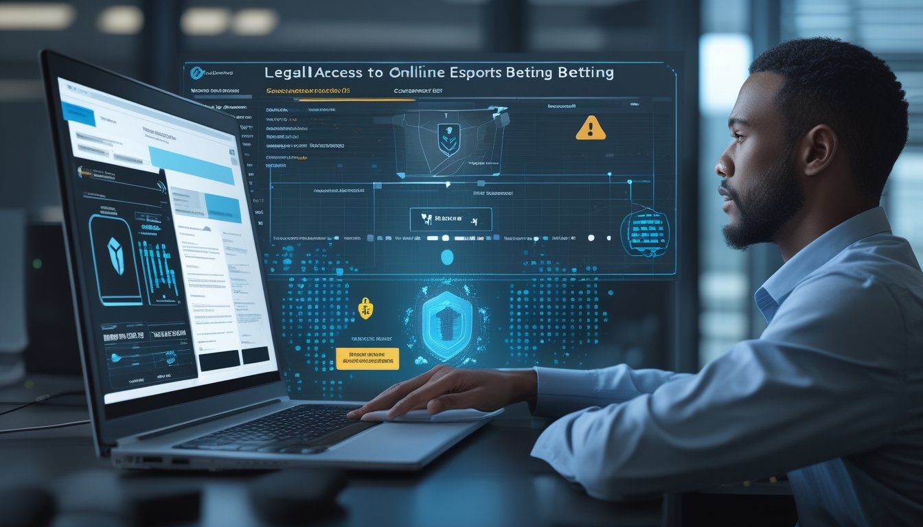 Analis kepatuhan meninjau risiko regulasi akses platform taruhan esports di depan laptop dengan simbol keamanan dan peringatan.