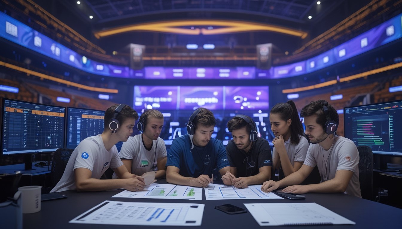 Sekelompok orang dewasa mempelajari statistik pertandingan esports di ruang analisis dengan arena turnamen di latar belakang.