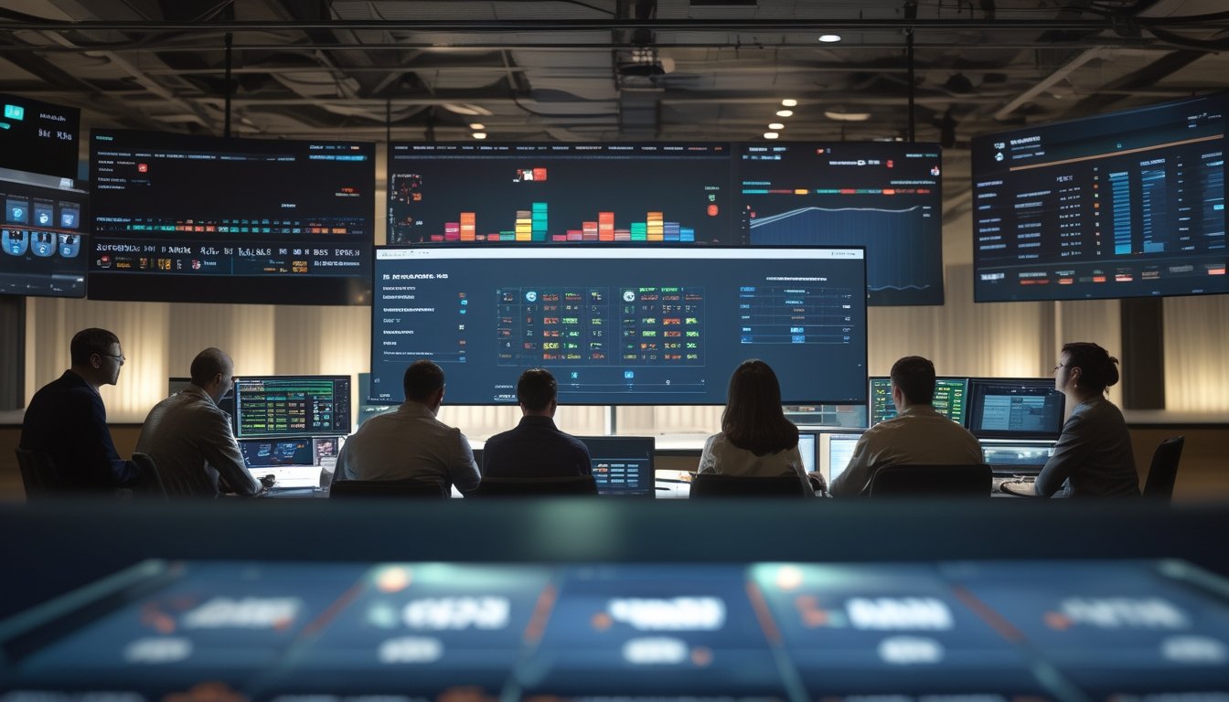 Sekelompok analis dewasa mempelajari pertandingan esports dan grafik data di ruang kerja modern.
