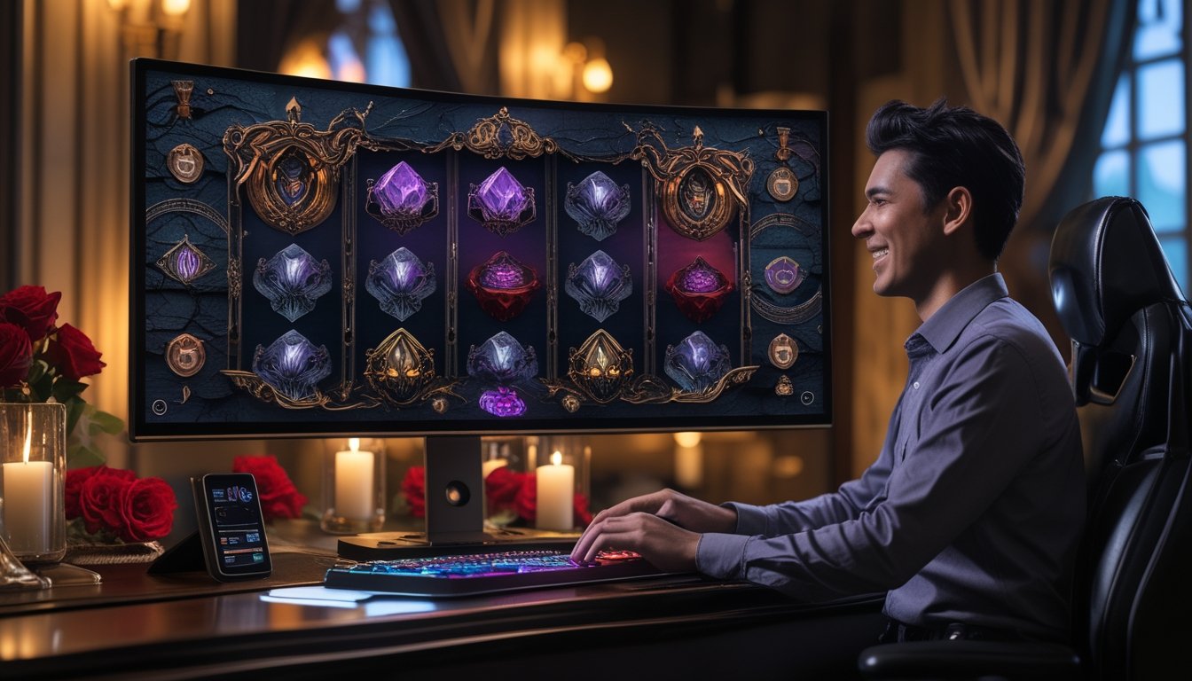 Seorang pemain dewasa menikmati permainan slot bertema romansa gotik di depan monitor dalam ruangan mewah bercahaya redup.