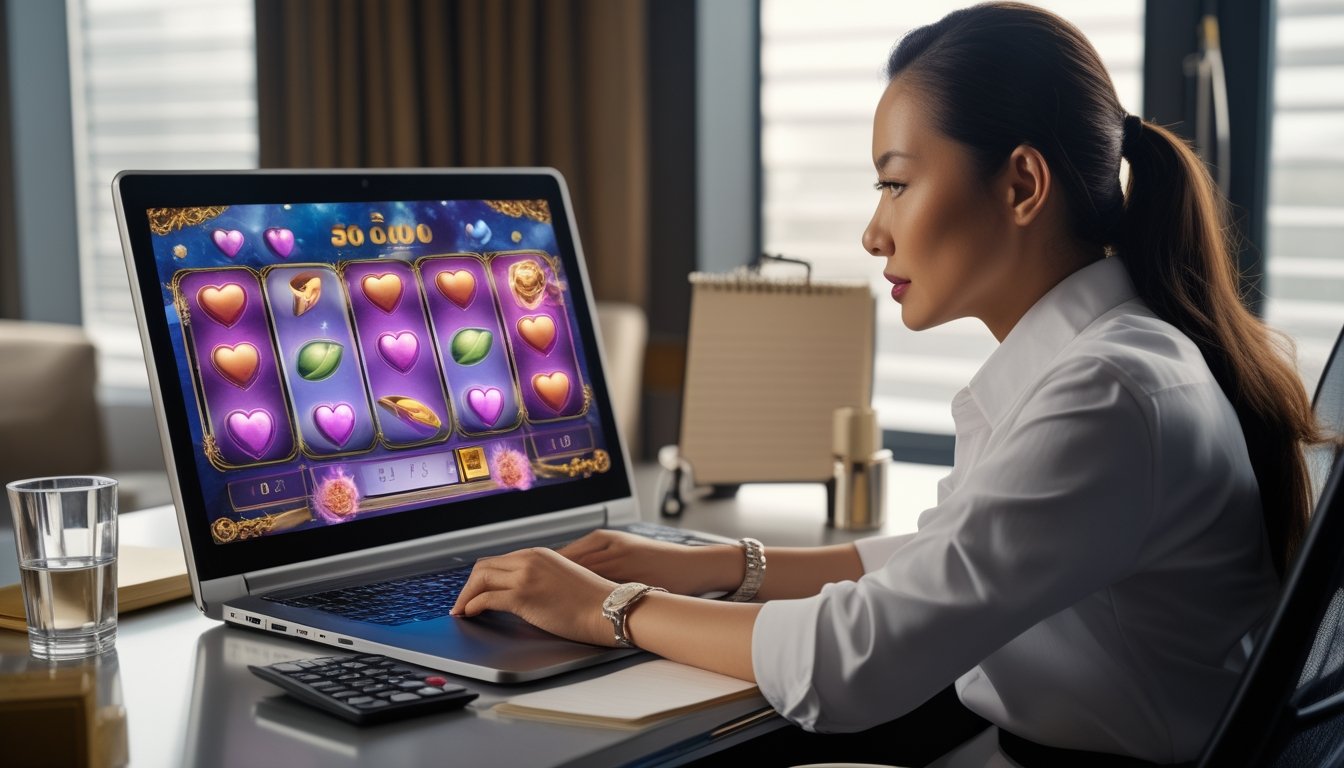 Orang dewasa duduk tenang di meja rapi sambil menggunakan laptop dan mengatur batas pengeluaran.