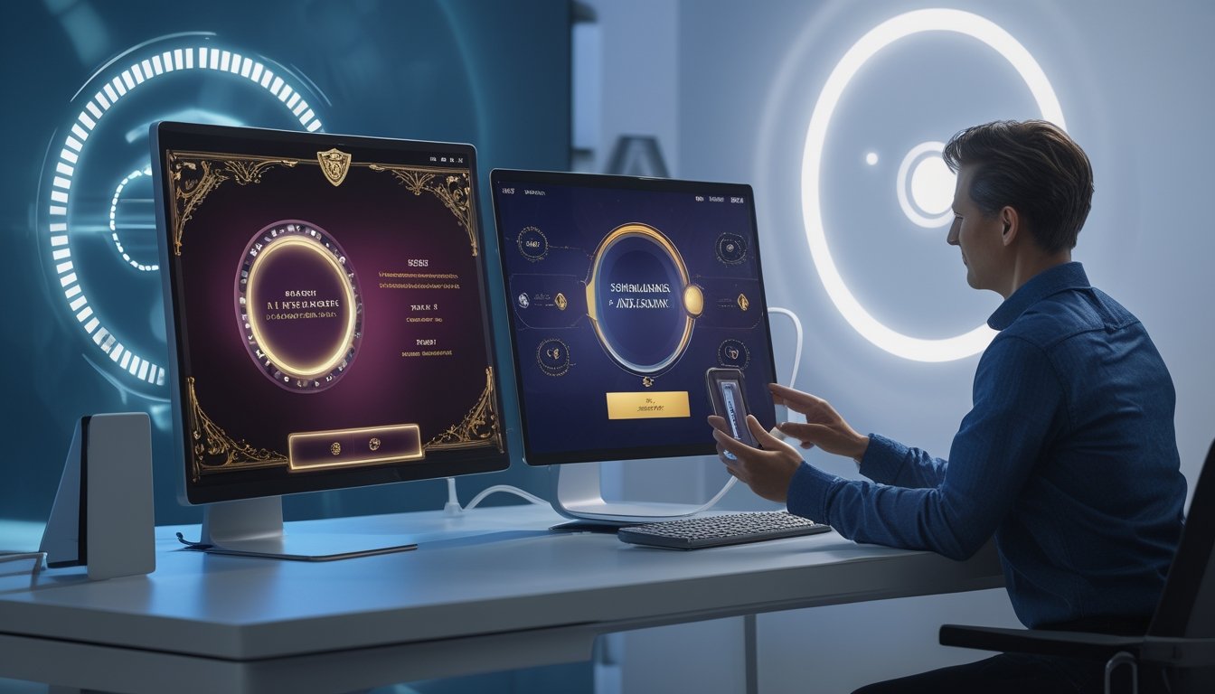 Seseorang menggunakan komputer dan ponsel untuk mengakses platform hiburan digital dengan nuansa elegan dan simbol koneksi aman.