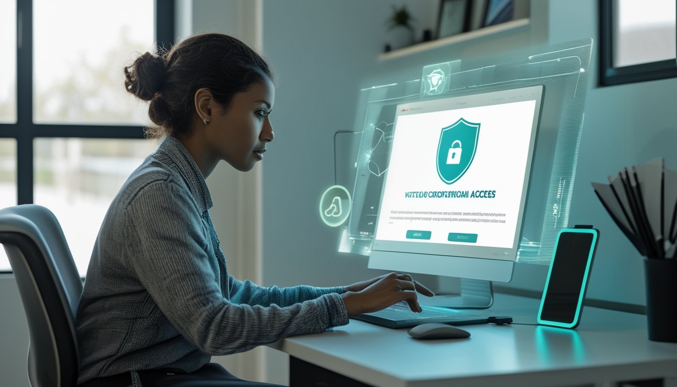 Seseorang memeriksa akses situs yang aman di laptop dengan simbol verifikasi dan keamanan digital.