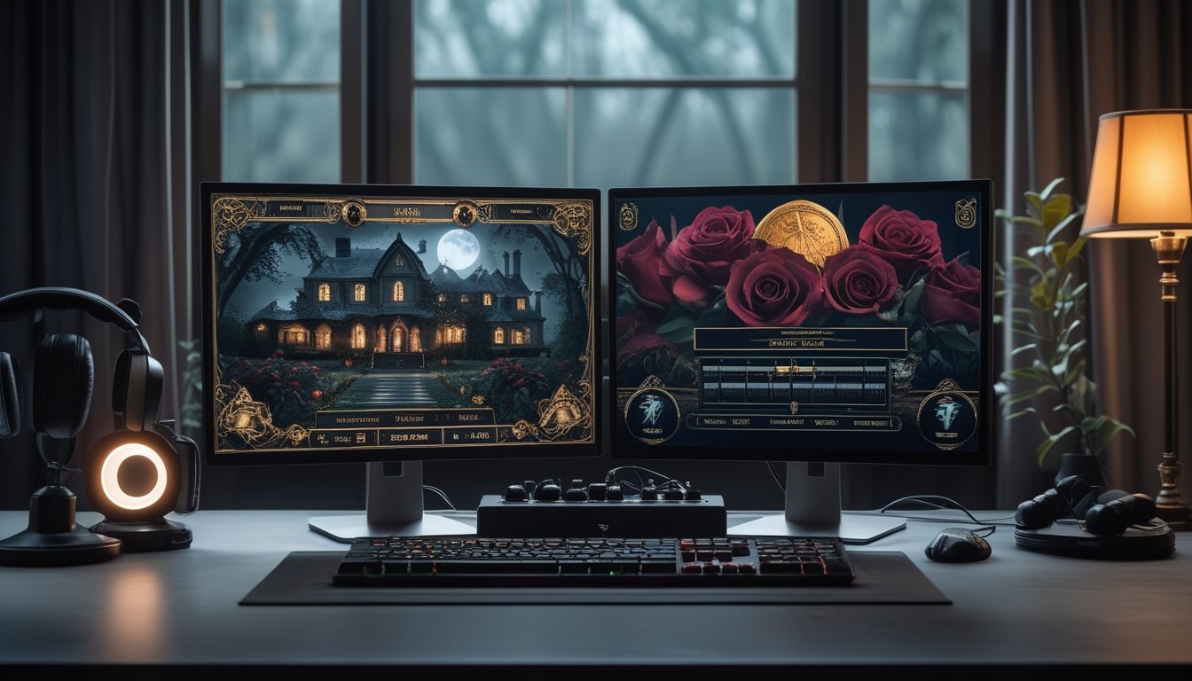 Meja gaming dengan monitor yang menampilkan suasana permainan romantis gotik dan perangkat audio.