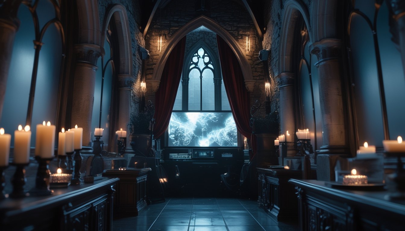 Interior kastel gotik dengan jendela tinggi, tirai merah tua, lilin, dan cahaya bulan yang dramatis.