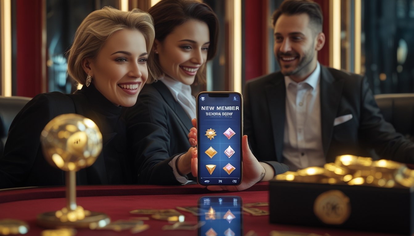 Seorang pria dan wanita dewasa merayakan bonus anggota baru sambil melihat ponsel di lounge bertema kasino.