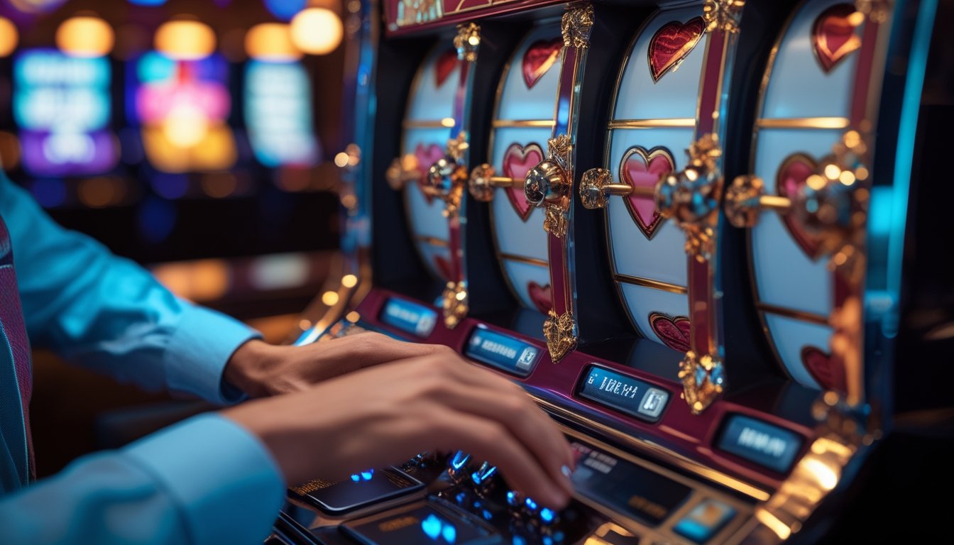 Mesin slot bernuansa romantis di ruang kasino yang elegan pada malam hari.