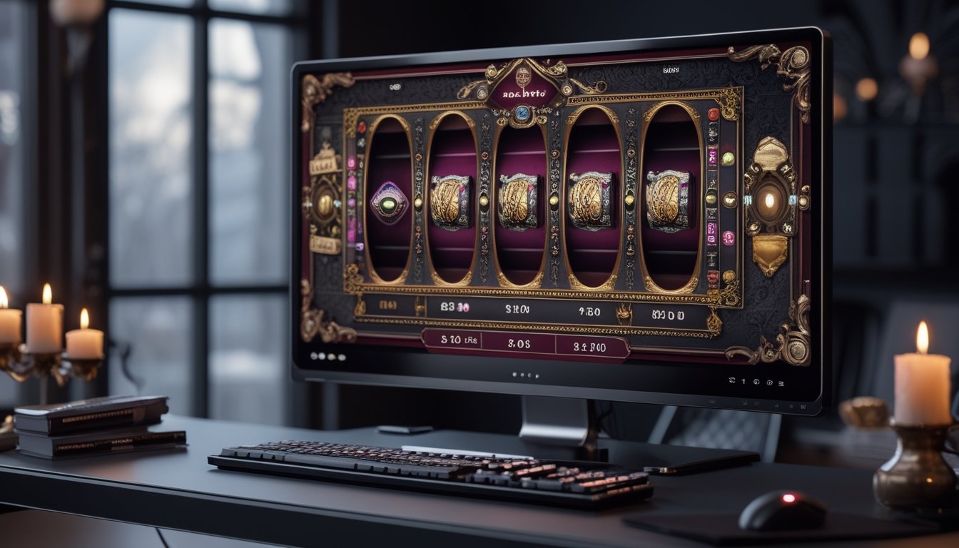 Monitor menampilkan permainan slot bertema gotik dengan roda putar bercahaya di atas meja gaming.