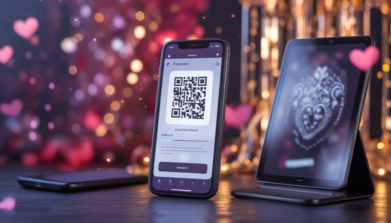 Ponsel menampilkan konfirmasi pembayaran digital dengan elemen QR dan latar bernuansa fantasi romantis.